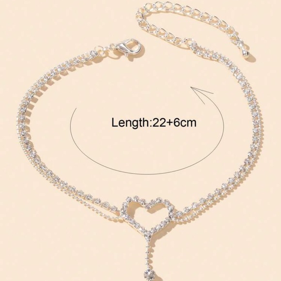 1pc Luxurious Heart Decor Double Layered Adjustable Rhinestone Anklet Women - Picture 2 of 3